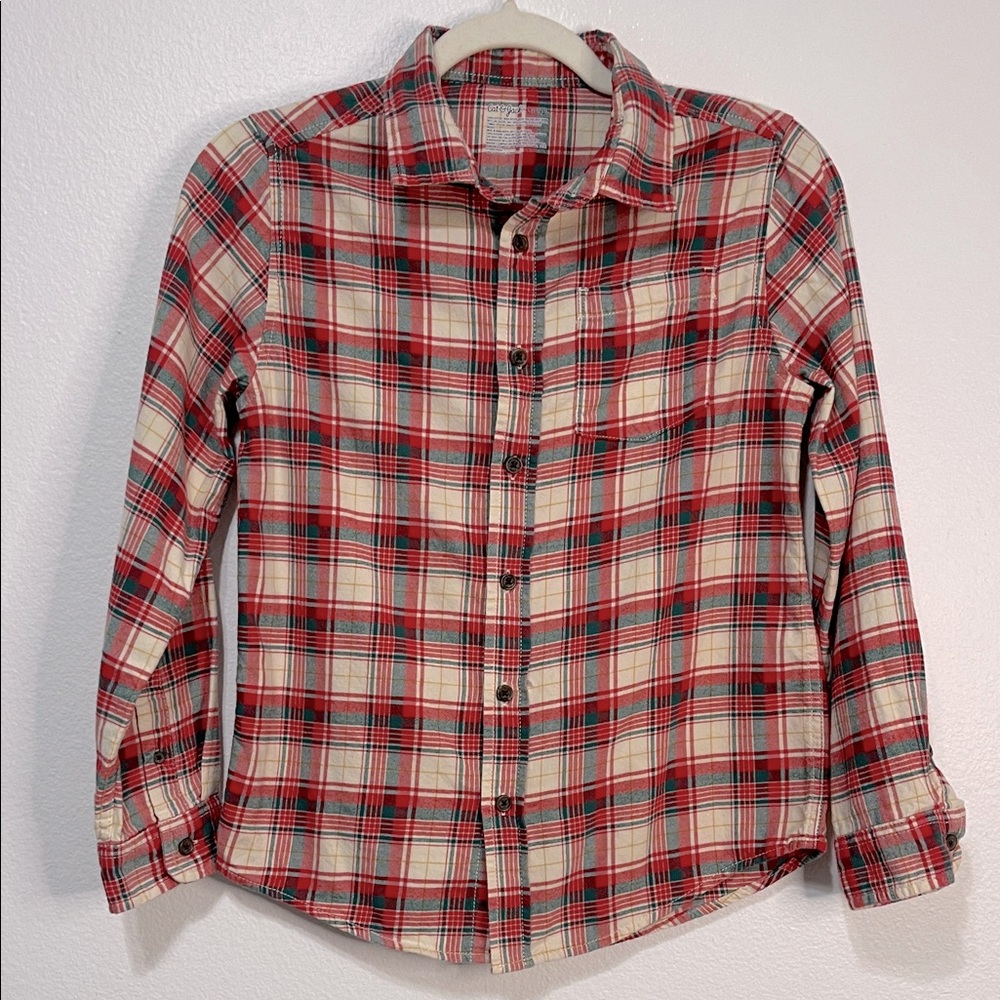 Cat & Jack Red and Cream Plaid Button Down Cotton Shirt Size Large (10/12) EUC